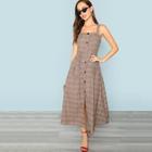 Shein Button Up Self Belted Plaid Strapless Dress