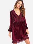 Shein Bishop Sleeve Lace Applique Velvet Dress
