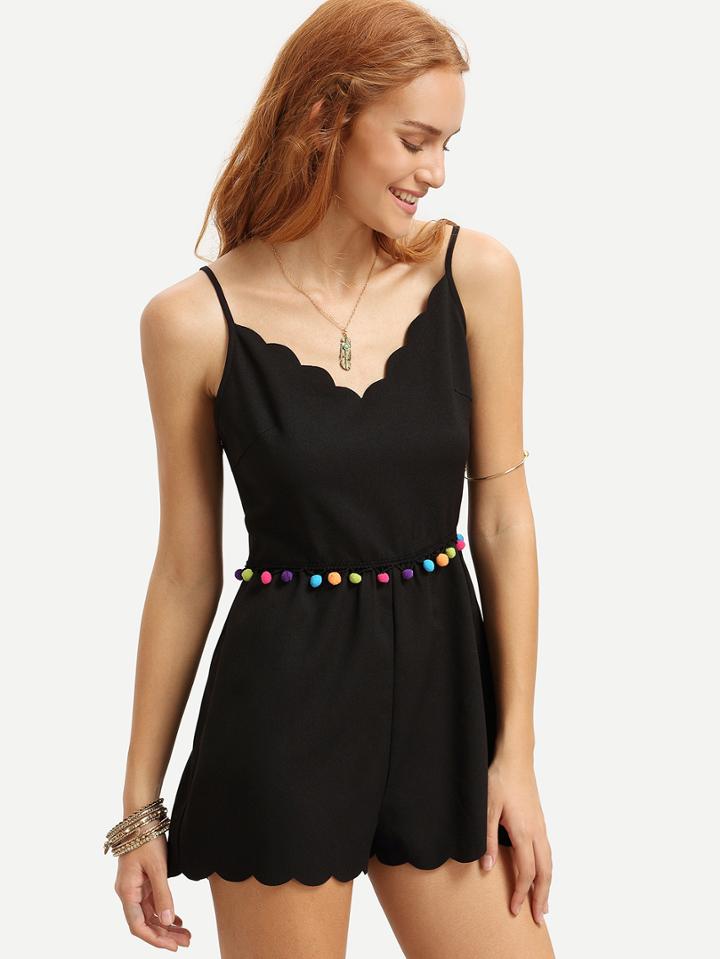 Shein Black Spaghetti Strap Pom-pom Decorated Jumpsuit