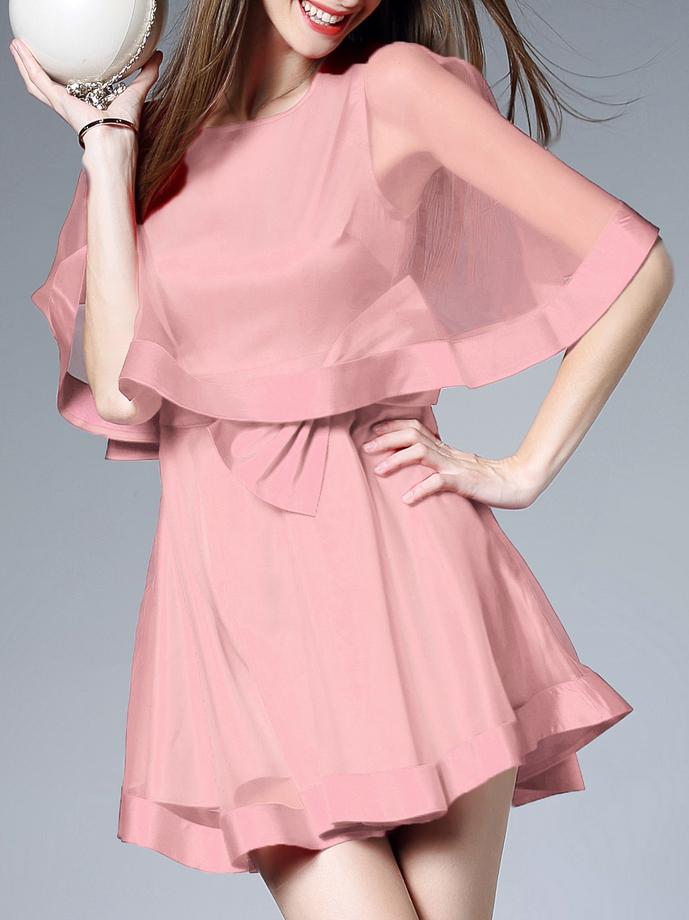Shein Pink Crew Neck Bowknot A-line Dress