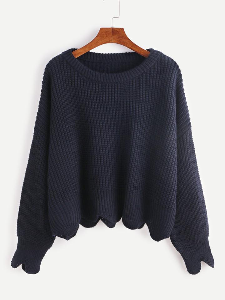 Shein Navy Drop Shoulder Scallop Hem Sweater