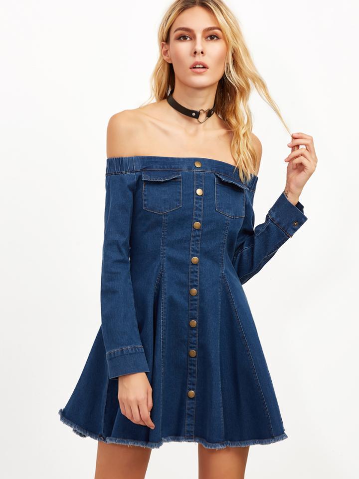 Shein Blue Off The Shoulder Button Front Frayed Denim Dress