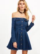 Shein Blue Off The Shoulder Button Front Frayed Denim Dress