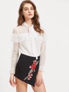Shein Off White Tie Neck Dobby Mesh Frill Blouse