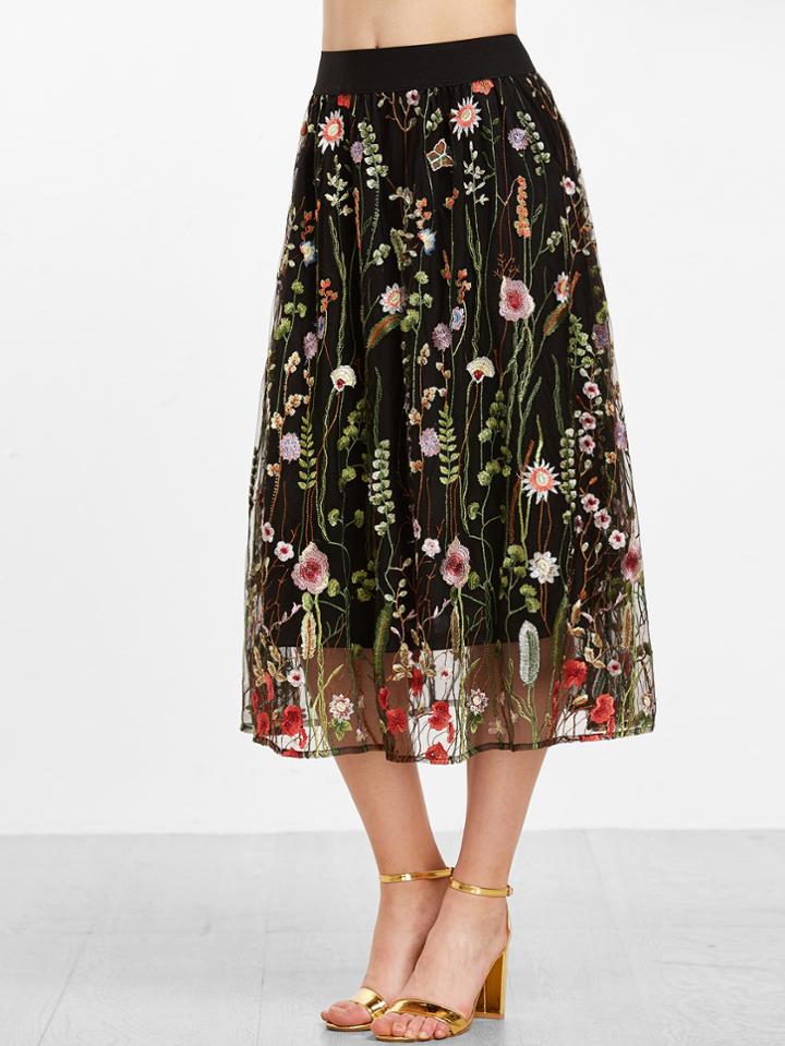 Shein Black Floral Embroidered Mesh Overlay Midi Skirt