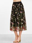 Shein Black Floral Embroidered Mesh Overlay Midi Skirt