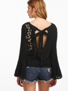 Shein Black Bell Sleeve Flower Embroidered Bow Tie Back T-shirt