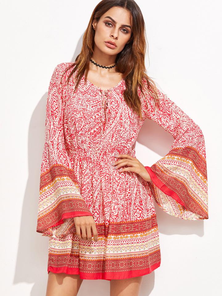 Shein Tribal Print Bell Sleeve Tie Detail Dress