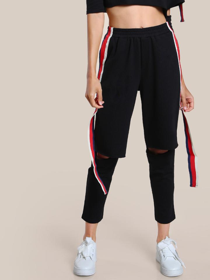 Shein Striped Hem Track Open Knee Pants