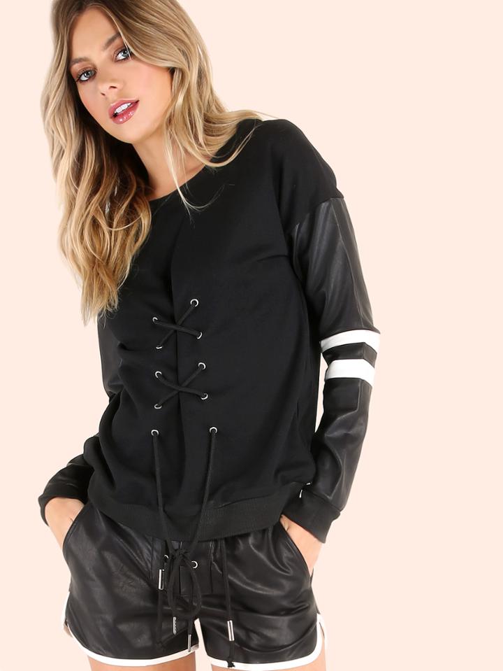 Shein Lace Up Faux Leather Varsity Sleeve Sweatshirt Black