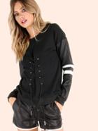 Shein Lace Up Faux Leather Varsity Sleeve Sweatshirt Black