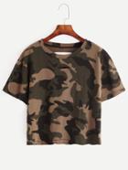Shein Olive Green Ripped Crop T-shirt