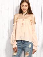 Shein Light Pink Tie Off The Shoulder Long Sleeve Blouse