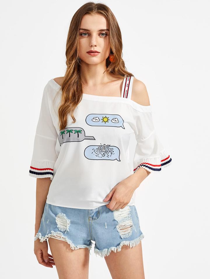 Shein Asymmetric Cold Shoulder Flute Sleeve Printed Tee