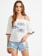 Shein Asymmetric Cold Shoulder Flute Sleeve Printed Tee
