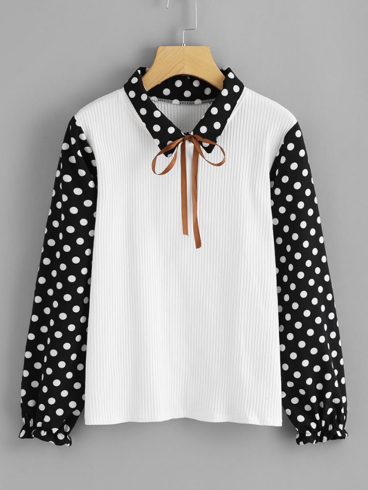 Shein Dot Print Contrast Tie Neck Ribbed Shirt