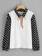 Shein Dot Print Contrast Tie Neck Ribbed Shirt
