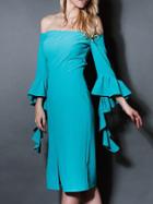 Shein Blue Off The Shoulder Ruffle Sleeve Dress