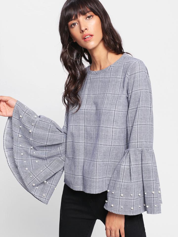 Shein Pearl Beaded Flounce Sleeve Glen Plaid Blouse