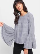 Shein Pearl Beaded Flounce Sleeve Glen Plaid Blouse