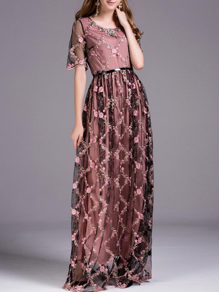 Shein Pink Gauze Embroidered Belted Maxi Dress
