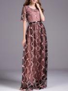 Shein Pink Gauze Embroidered Belted Maxi Dress