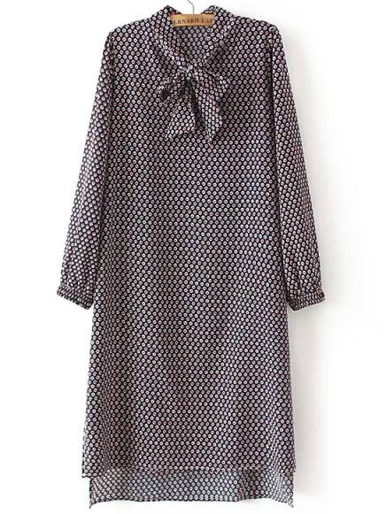 Shein Navy Tie Collar Floral Loose Dress