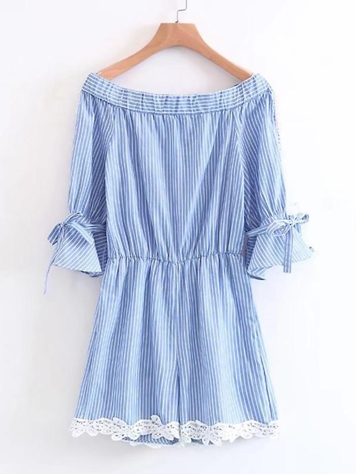 Shein Boat Neckline Contrast Lace Tie Cuff Playsuit