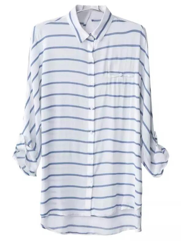 Shein Blue White Stripe Keyhole Back Pocket Blouse