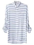 Shein Blue White Stripe Keyhole Back Pocket Blouse