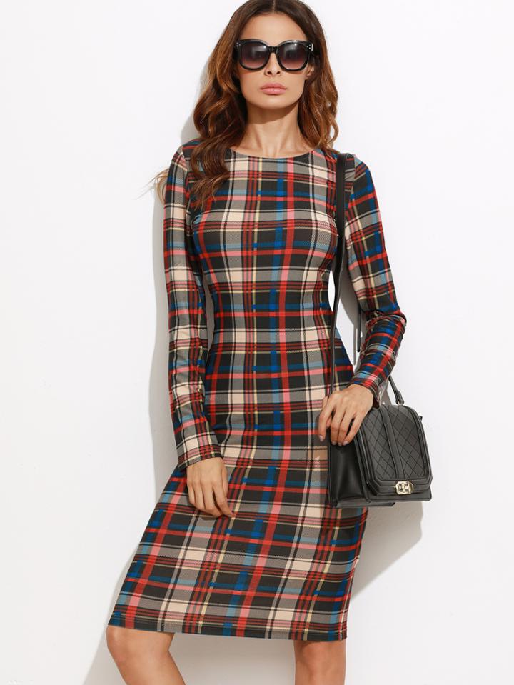 Shein Multicolor Plaid Long Sleeve Pencil Dress