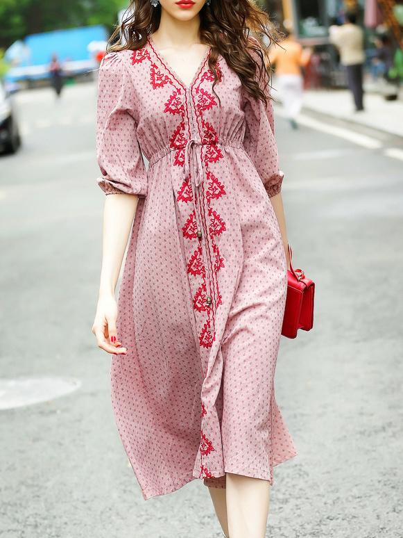 Shein Pink V Neck Elastic-waist A-line Dress