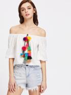 Shein Colorful Pom Pom And Tassel Embellished Bell Cuff Bardot Top