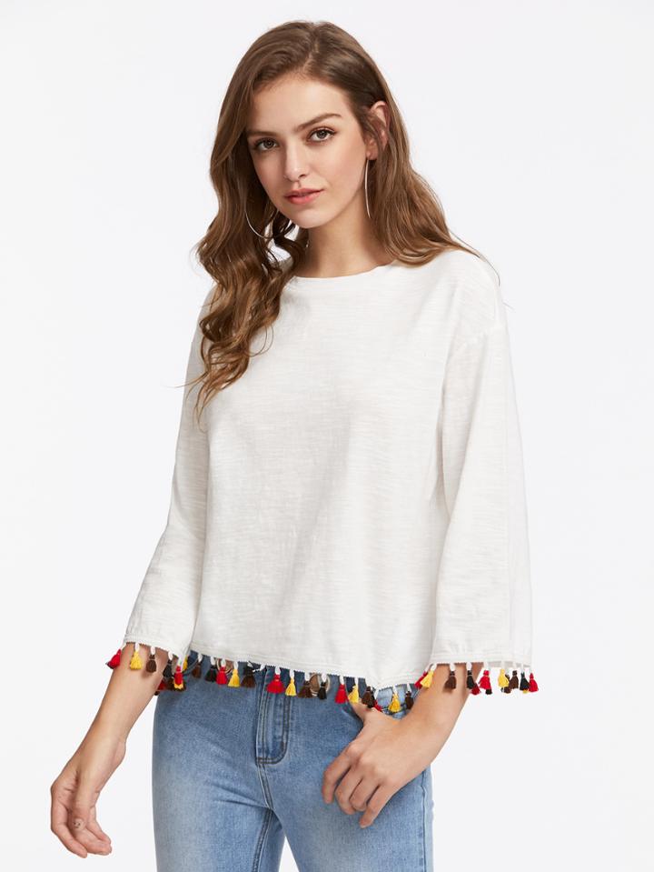 Shein Colorful Tassel Trim Slub Tee