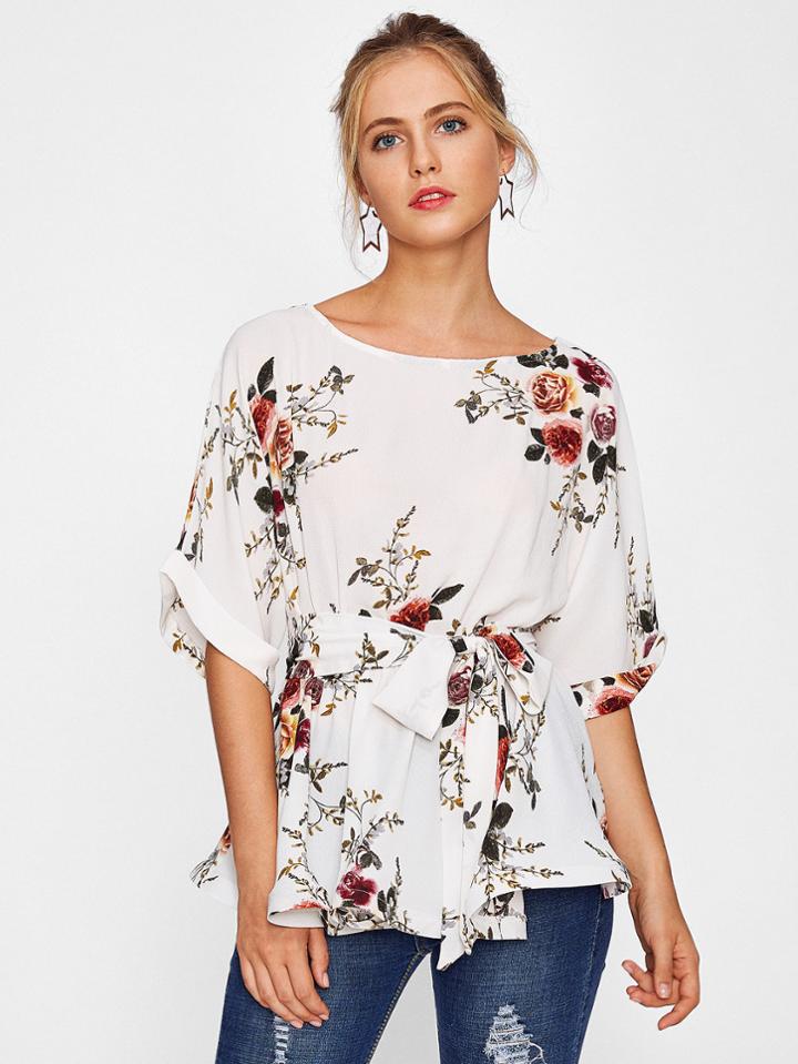 Shein Cuffed Sleeve Self Belted Botanical Top