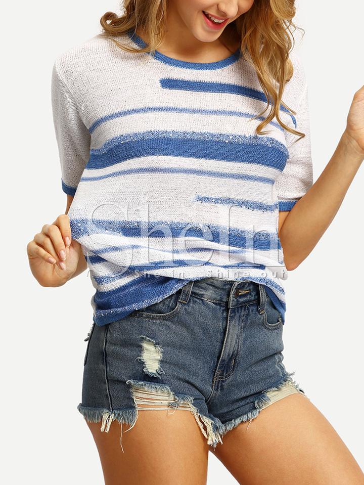 Shein Multicolor Short Sleeve Striped Knit T-shirt