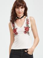 Shein White Ribbed V Neck Appliques Tank Top