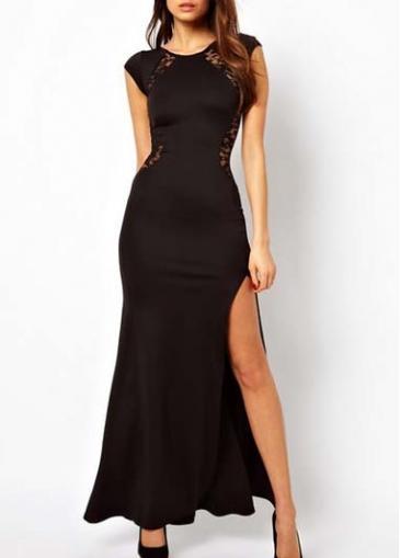 Rosewe Sexy Split Design Round Neck Black Skater Dress With Lace