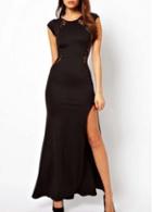 Rosewe Sexy Split Design Round Neck Black Skater Dress With Lace
