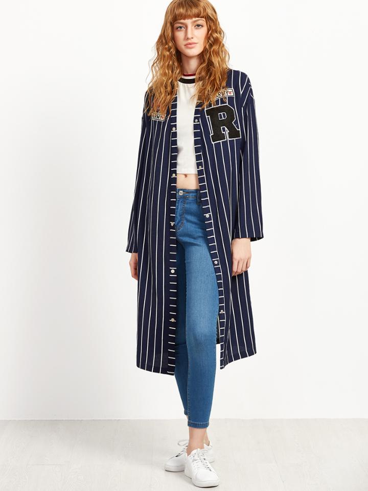 Shein Navy Stripe Badge Button Duster Coat