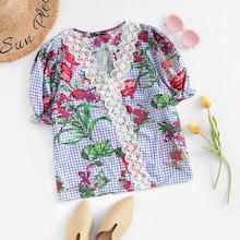 Shein Lace Trim Puff Sleeve Floral Top