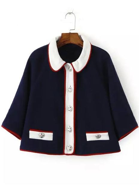 Shein Navy Contrast Collar Buttons Coat