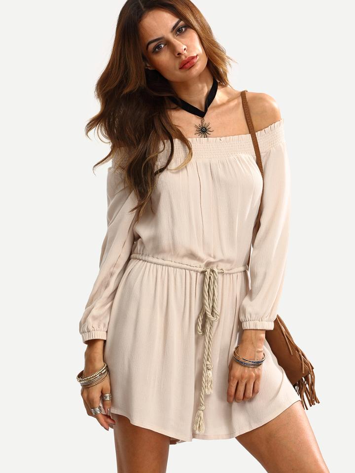 Shein Apricot Smocked Off The Shoulder Drawstring Romper