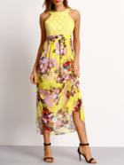 Shein Yellow Lace Flower Print Cutout Long Dress