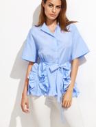 Shein Blue Pinstripe Belted Blouse With Frill Detail