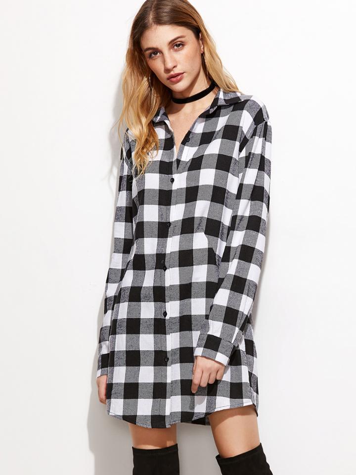 Shein Black And White Checkered Button Up Shirt Dress