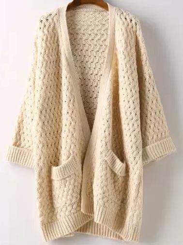 Shein Beige Long Sleeve Pockets Chunky Cardigan