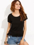 Shein Black Round Neck Tassel Hem Short Sleeve T-shirt