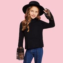 Shein Girls Contrast Lace Cuff Ribbed Tee