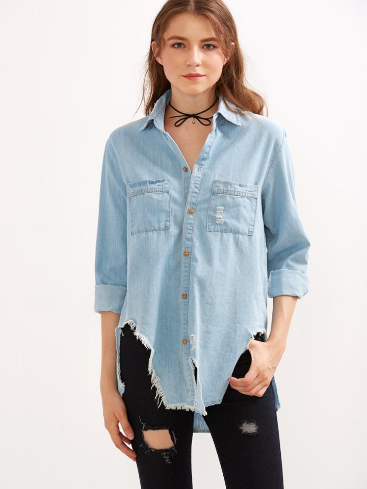 Shein Blue Frayed Curved Hem Denim Shirt